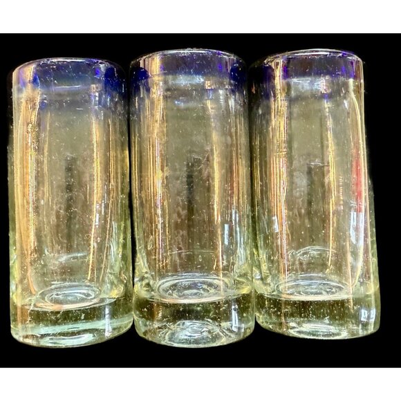 3 Mexican Hand Blown Shot Glass Blue Rim 4” - Picture 5 of 11